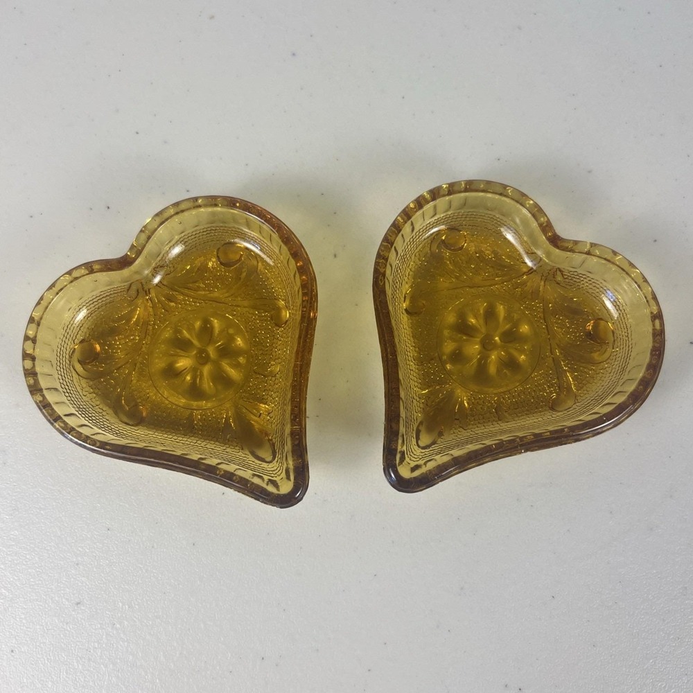 Vtg  Indiana Amber Tiara Sandwich Glass Heart‎ Shape Trinket Tray Dish Lot Of 2